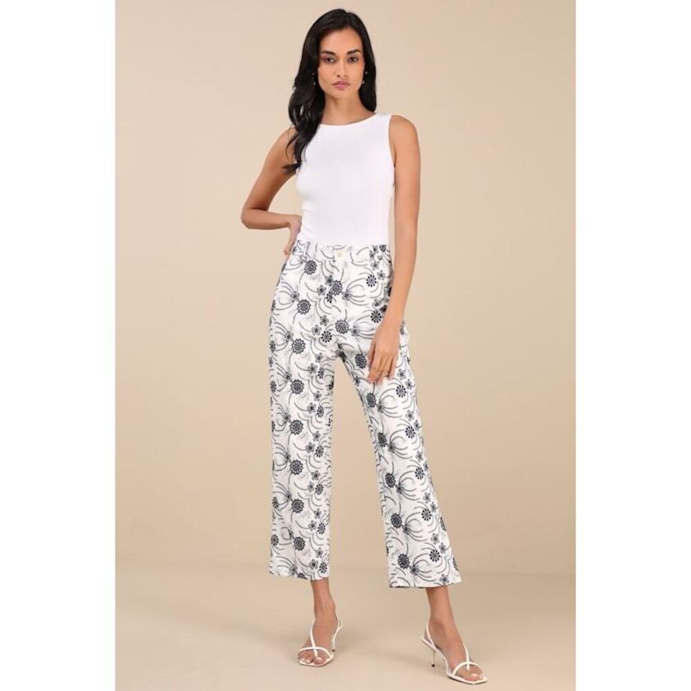 Lulus Auroria White Embroidered High-rise Cropped Pants - Size L